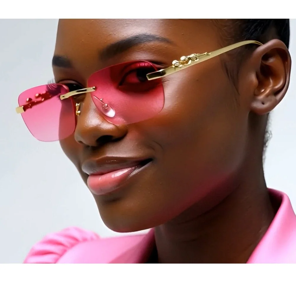 Rimless‎ Sunglasses Gold Leopard Accent Pink Lens Fashion Trendy Designer Women